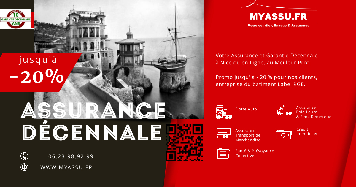 Promo Décennale Courtier My Assurance Nice sur fond d une ancienne et magnifique photo de la réserve de nice: un batiment d une exceptionnel assurance. Une construction architectural  aux lignes taillé entre pierre et maçonnerie par les meilleurs artisans de la région  provence alpes cote d azur. Un contraste comme naturel réaliser par des professions intelectuel et entreprise du batiment.
